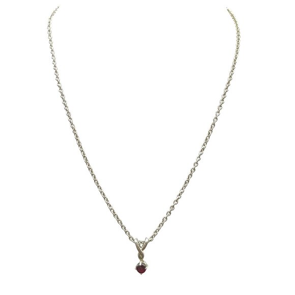 Vintage Silver Tone Chain Necklace with Red Crystal Solitaire Pendant - Picture 1 of 4